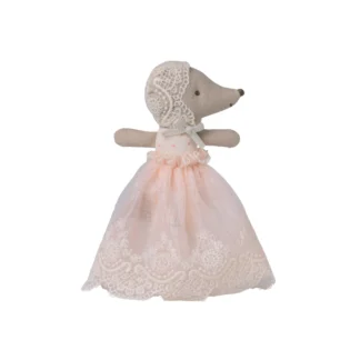 Bébé souris en robe dentelle -rose poudre